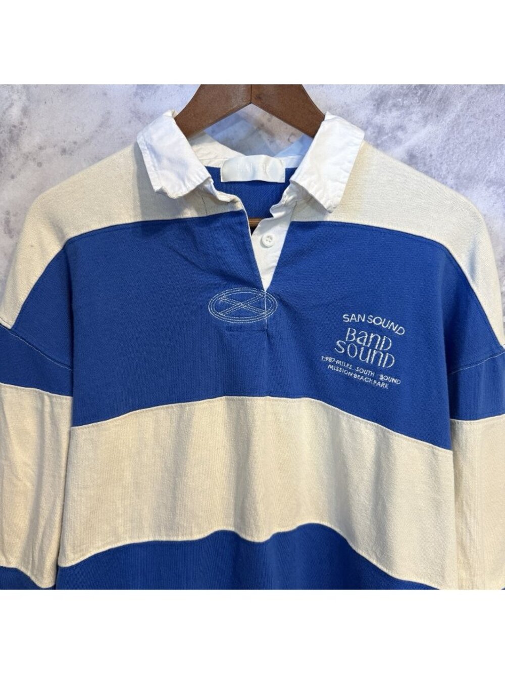 Vintage 80s Rugby Shirt Blue White Striped Long Sleeve San Sound Mission Beach